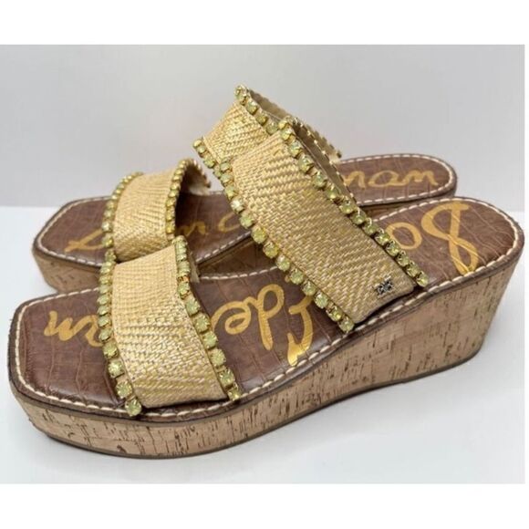 Sam Edelman Angelina Wedges Sandals Raffia Rhinestone Embellished Size 9.5 - Picture 3 of 7